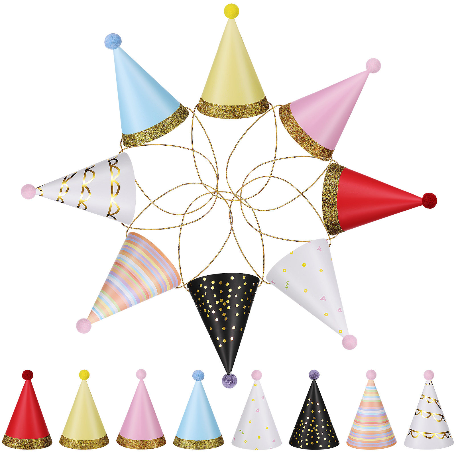 Party Hat Cone - 16Pcs Colorful Birthday Party Hats Paper
